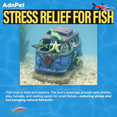 Colorful Resin Fish Tank Ornament with Multiple Hiding Spots, Safe Shelter for Small and Medium Aquariums, Stress-Relief Underwater Decor, Easy to Clean (Old Bus)