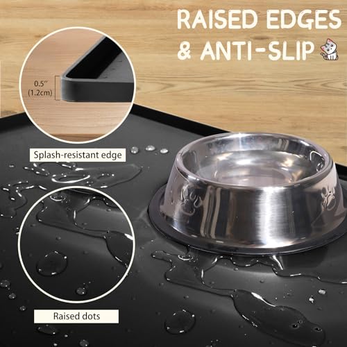 MateeyLife Silicone Cat & Dog Food Mat for Floors Waterproof, Anti-Slip Dog Bowl Mats for Food and Water, Pet Feeding Mats with Lip to Prevent Spills, Pet Placemat for Messy Drinkers to Protect Floors - color: Black, size: 18''×12''
