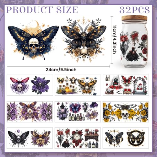 32 Pcs Gothic UV DTF Cup Wraps for 16OZ Glass, 4.3 x 9.4 Inch Skull Rose UV DTF Transfer Stickers Waterproof Rub on Transfer Decals for Glass Bottle Vase Furniture Crafts - style: Skull and Rose