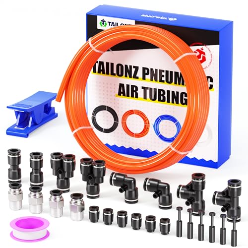 TAILONZ PNEUMATIC Orange 3/8 Inch OD 10 Meter 32.8ft PU Polyurethane Air Tubing Kit Pipe Hose Air Line Tubing Air Hose Fittings Push to Connect Fittings(27PCS) - color: Orange, size: 3/8" OD - 32.8 FT