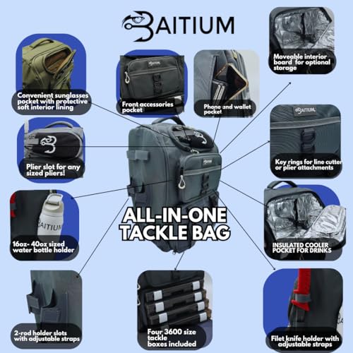 Baitium Fishing Backpack, Tackle Bag With Rod Holders, 40L Capacity With Cooler, Rain Cover, Insulated Pocket, 4 Tackle Trays Included (Jet Black) - color: Jet Black