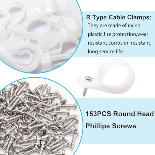 TWTADE 306PCS White Cable Clamps Assortment Kit, Nylon Plastic R-Type 6 Sizes 3/16'' 1/4'' 3/8'' 1/2'' 3/4'' 1'' Cable Mounting Wire Clips Fastener with Screws for Wire Management - color: White-306PCS