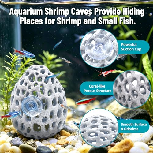 Obfuscate Shrimp Cave,Shrimp Hides for Aquarium,Porous Coral Rock Aquarium Decor with Suction Cup,Fish Tank Hideout for Small Fish,Shrimp and Guppies