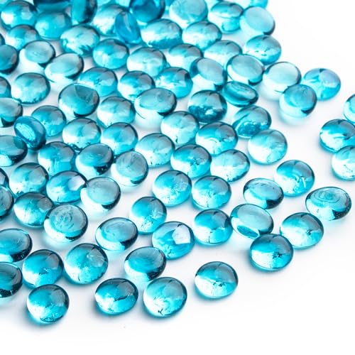 Meschett 1 LB Glass Marbles, Sea Blue Mini Flat Glass Beads~150 PCS for Vase Fillers, Floral Bottom Mancala Gems Pebbles Fish Tank Rocks for Table Aquarium,Home Decor Art Craft Supplies(0.5"~0.7") - color: Sea Blue~1 Lb, size: 1 LB