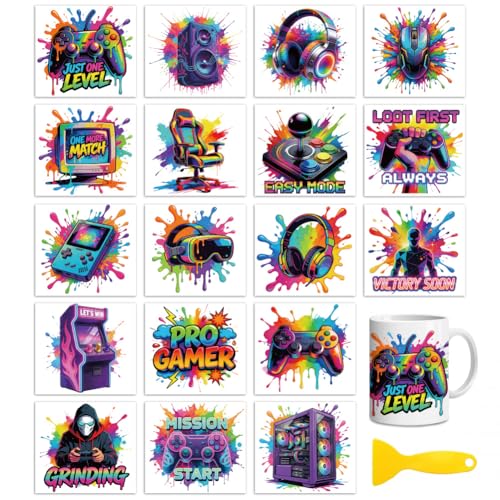 Peacoblue 18 Sheets Rub on Transfers for Crafts, Gaming Series 3.6"x3.9" UV DTF Cup Wraps Waterproof Cold Transfers Stickers for Wood Glass Metal Cup Tumblers Mirrors Mugs Home Decor - style: Gaming Series