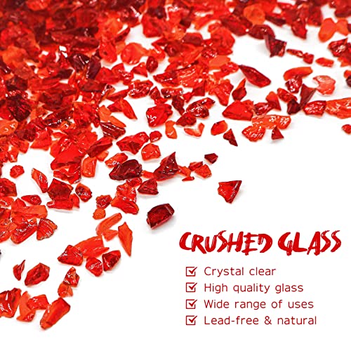 1.5 lb Red Crushed Glass for Resin Art and Crafts, 3-6mm Chunky Broken Glass Pieces, Solid Color Irregular Shards for Geode, Vase Filler, Aquarium Decor & DIY Crafts - color: 90%red/10%orange