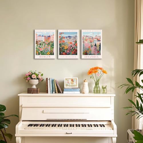 XLARTMY Flower Market Wall Art Prints Canvas Orange and Pink Floral Paintings Colorful Botanical Travel Flower Posters for Home Decor Pictures Set of 3 for Living Room Bedroom 12x16in - color: Flower Market ORange-2, size: 12x16in Canvas