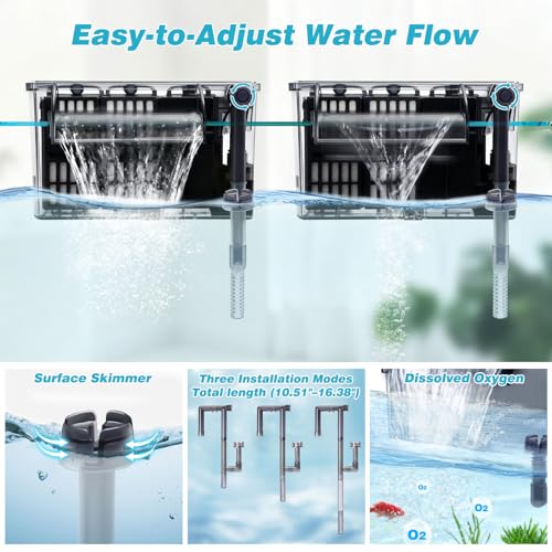 Large Hang on Back Aquarium Filter 264GPH for 20-75 Gal Fish Tank, w/ U-V Light Surface Skimmer 13-Stage Green Killing Deodorization Machine Saltwater Freshwater Crystal Clear Suspension Oxygen - size: WP-609H