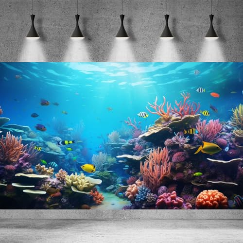 Underwater Wonderland Aquarium Background Vibrant Coral Reef and Tropical Fish Groups Terrarium Background Decorations Clear Ocean Waters Fish Tank Backdrop Poster Wallpaper Decorations Vinyl 24x12in - color: Coral Red, size: 24(W)x12(H)in