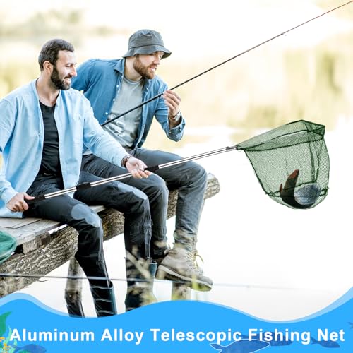 2 Pcs Steel Wire Fish Basket and Fishing Landing Net with Extension Aluminum Telescoping Pole Includes 1 Portable Fishing Net with Handle 1 Collapsible Wire Fishing Basket for Women Men