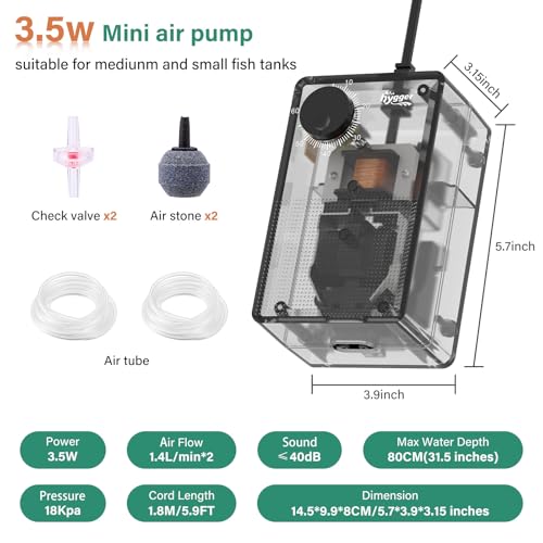 hygger See-Through Air Pump for Aquarium: Adjustable Oxygen Pump，Silent Powerful Aerator Pump 3.5W 2 Air Outlets Ultra Silent for Large Medium Fish Tank,Hydroponic Systerm, Household Commercial Use - size: 3.5W