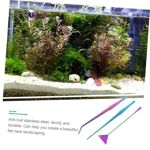3pcs Colorful Titanium Coated Stainless Steel Aquarium Tools Set Aquascaping Tweezers Spatula for Water Plants Maintenance Fish Tank Cleaning Kit