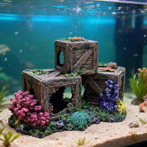 Fish Tank Decorations Hideout for Betta, Shrimp & Guppies – Two-Level Wooden Crate with Realistic Coral, Sponge & Seaweed, Stable Rock Base, Aquarium-Safe Resin - 8.5x4.3x4.9 Inch