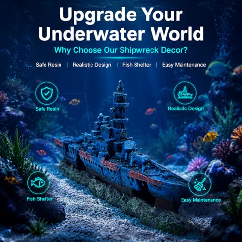 Mipukbay Shipwreck Aquarium Decorations, Resin Fish Tank Artificial Rock Ornament for Freshwater/Saltwater, Safe Landscape Hideout for Betta Fish, Goldfish and Aquatic Pets - size: Shipwreck
