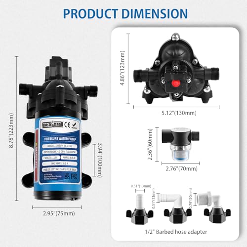 WASSERMANN Water Pressure Pump 115 Volt AC 4.0GPM 55PSI,Water Pump Self Priming Diaphragm Pump with Pressure Switch for Kitchen Bathroom Marine Yacht Garden - size: Small