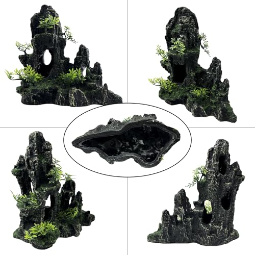 Large and Tall Fish Tank Decorations Aquarium Mountain View Stone Decorations Resin Rock Aquascaping with Hiding Cave, Fish Tank Accessories Aquarium Ornaments with Small Plants (E) - color: E