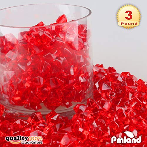 PMLAND Clear Fake Ice Rocks – 550 Pcs Large Red Acrylic Gems Crushed Plastic Diamonds, 3 Lbs / 2.25 Quarts Bulk Vase Filler for CenterpiecesWedding Theme Décor Aquarium Table Scatter - color: Red