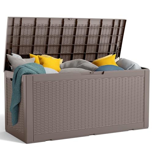 PatioZen 120 Gallon Resin Deck Box, Lockable Patio Outdoor Storage Box for Furniture, Garden Tools and Tools Storage, Waterproof Outside Storage Boxes - Grey - color: Grey, size: 120 Gallon