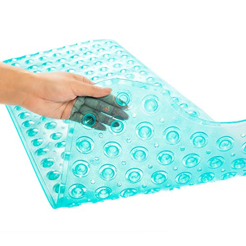 TEESHLY Bathtub Mats for Shower Tub, Extra Long Non-Slip 39 x 16 Inch Bath Mat with Drain Holes and Suction Cups, BathMat for Bathroom with Machine Washable (Clear Turquoise) - color: Clear Turquoise