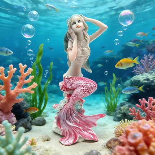 Pink Mermaid Statue, Mermaid Figure for Fish Tank Decor, Resin Princess Figurines, Perona Figure for Aquarium Landscape & Mermaid Room Decor - color: Pink