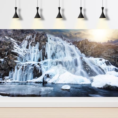 Winter Forest Aquarium Background Snow-Covered Mountains Waterfall Iceland Fish Tank Background Frosty Winter Natural Landscape Terrarium Backgrounds Wintry Forests Reptile Tank Backgrounds 24x12in - color: Brown_White, size: 24(W)x12(H)inches/ 60(W)*30cm