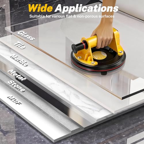 MAKELIFT Suction Cups for Glass, 8" Tile Suction Cup Tool, 260KG Max Load, Pressure Gauge, Towel & Gloves, Heavy-Duty Vacuum Lifter for Window, Windshield, Marble, Granite and Metal (2-Pack) - color: Yellow, size: 2-Pack