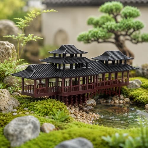 LOGOFUN Mini Ancient Chinese Pavilion Ornament with Arched Bridge for Micro Landscape Garden Bonsai Model Decoration - 13.5x5x5.5cm