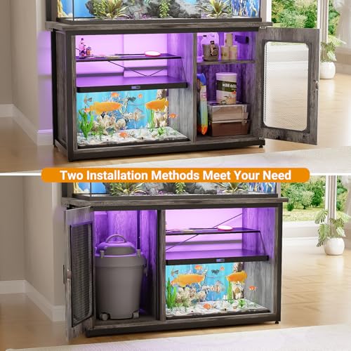 Unikito 55-75 Gallon Fish Tank Stand with Power Outlets & LED Light, Heavy Duty Aquarium Stand with Reversible Cabinet for Tank Accessory Storage, Reptile/Terrarium Stand, Black Oak