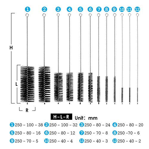 MOSOLAN Black Nylon Cleaning Brush Set, 12-Piece, Suitable for Bottle, Teapot, Airbrushes, Espresso Machines, Protective Design, Dishwasher Safe