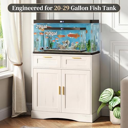 29 Gallon Fish Tank Stand with Storage Cabinet, Aquarium Stand 29 Gallon, with 2 Drawers for Fish Tank Accessories Storage, 30.71x 15.75'' Fish Stand Tabletop (Vintage White, PTBX01WH) - color: Vintage White, size: 20-29 Gallon