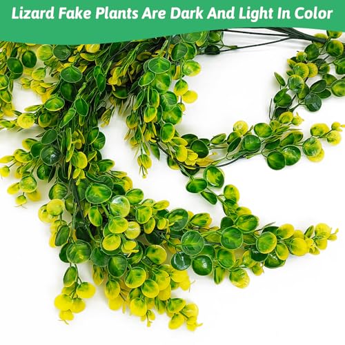 Hamiledyi Reptile Plants Hanging Terrarium Plants Artificial Leaves Habitat Decorations with Suction Cup Green and Yellow Fake Amphibian Plants for Bearded Dragon Lizard Geckos Chameleon（2 Pack）