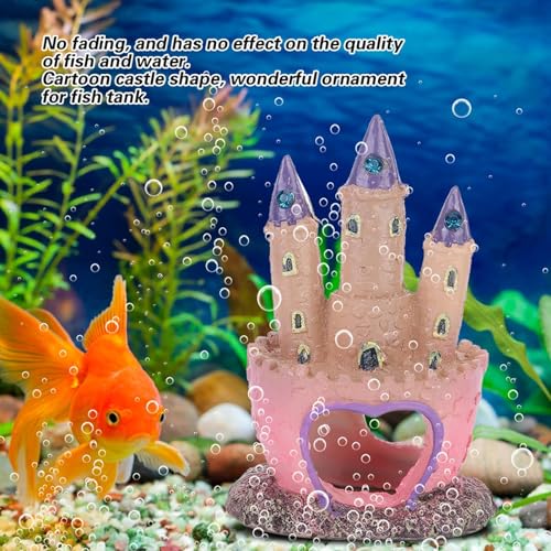 HERCHR Castle Aquarium Decoration, Fish Tanks Ornament Resin Castle Cave Hideouts House Plants Supplies Accessories Safe for Freshwater and Saltwater Fish Tanks(Pink)