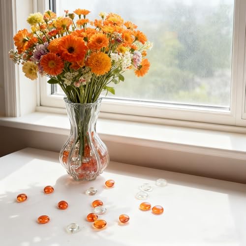 Flat Glass Marbles 1LB, Glass Beads Stone for Floral Arrangements Vases Flat Bottom Gems Aquarium Pebbles Vase Filler Decor(Orange,Transparent)