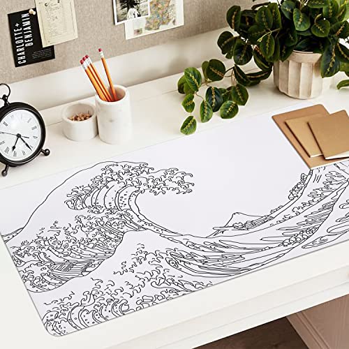 iCasso White Mouse Pad, Extended Gaming Mouse Pad (35.4x15.7 in), Large Stable Rubber Base Mousepad with Stitched Edges, Keyboard Mouse Mat Desk Pad for Work, Game, Office, Home - color: White Wave of Kanagawa