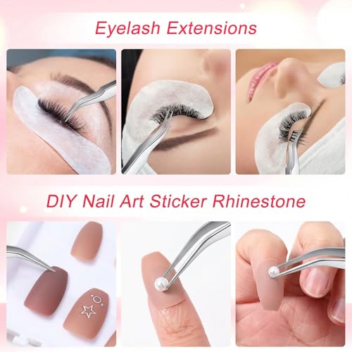 10 Pieces Tweezers for Crafting, Stainless Steel Curved Pointed Tweezers Precision Tweezer with Protective Cover for Eyelash Extensions Stickers Rhinestones Crafts (Silver) - color: Silver