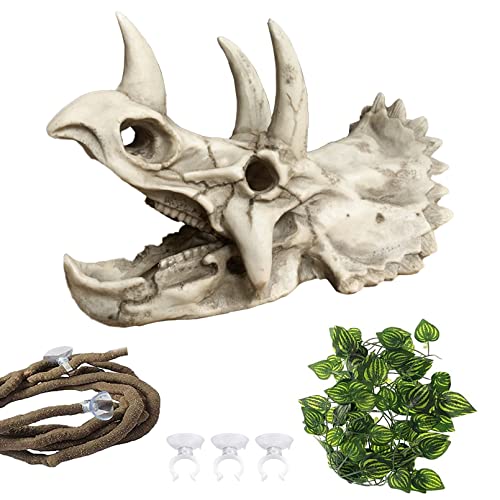 Bearded Dragon Resin Triceratops Skull Hide Decoration Reptiles Artificial Hideout Cave Landscape Tank Accessories Vines Leaves Hideaway Ornaments for Lizards Snake Gecko