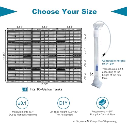 Undergravel Filter System for 10 Gallon Fish Tank, Air-Driven Biofiltration Aquarium Filter Kit with 12 Modular Plates & Adjustable Lift Tube, Cut-to-Fit Under Gravel System for Clear Water - size: 12 Plates, 10 Gal