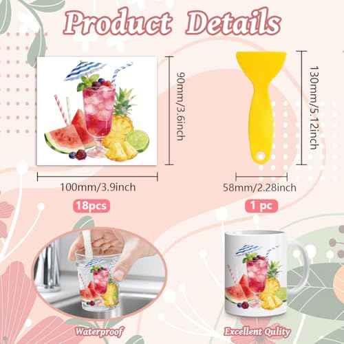 Peacoblue 18 Sheets Rub on Transfers for Crafts, Summer Juice Drinks 3.6"x3.9" UV DTF Cup Wraps Waterproof Cold Transfers Stickers for Wood Glass Metal Cup Tumblers Mirrors Mugs Home Decor - style: Summer Juice Drinks