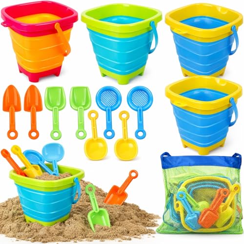 TOY Life Collapsible Beach Toys for Kids with 4 Silicone Collapsible Sand Buckets & 8 Shovels & Mesh Bag, Travel Beach Essentials for Kids Sand Toys Toddlers, Sandbox Toys for Boys Girls Ages 3-5 4-8 - color: Assorted 4 Collapsible Bucket Beach Toys
