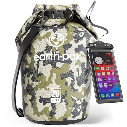 Earth Pak Waterproof Dry Bag - Roll Top Waterproof Backpack Sack Keeps Gear Dry for Kayak with Waterproof Phone Case - color: Camo, size: 20L