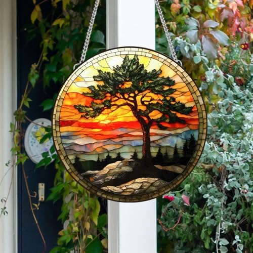 HOTIYOK Pine Tree Acrylic Window Hanging Sunset Mountain View Stained Wall Decor, Ideal Housewarming Gift, Home Decor for Women Grandma Wife Teacher