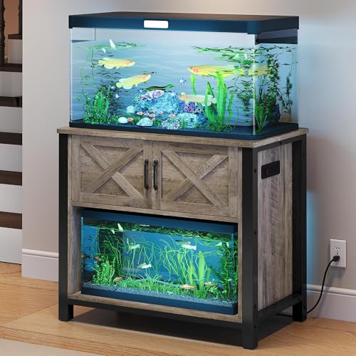 YITAHOME Heavy Duty 40-50 Gallon Aquarium Stand with Power Outlets, Cabinet for Fish Tank Accessories Storage - Metal Fish Tank Stand Suitable for Fish, Turtle, 660LBS Capacity, Wash Grey
