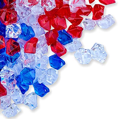 PMLAND Clear Fake Ice Rocks – 550Pcs Large Acrylic Gems Crushed Plastic Diamonds, Red White Blue (3Lbs/2.25 Quarts) – Bulk Vase Filler for Centerpieces Patriotic Theme Décor Aquarium Table Scatter - color: Red Blue and White