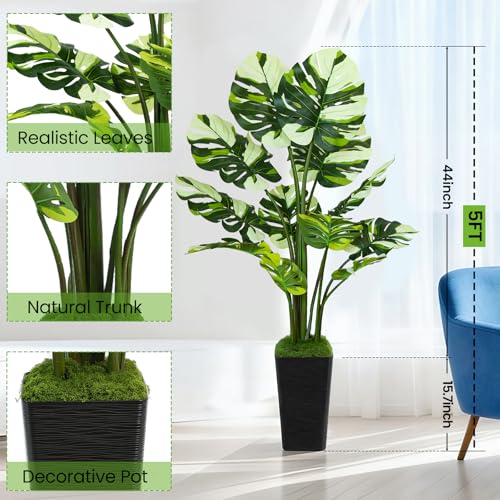 UPBUD Artificial Monstera Deliciosa Plant, 5FT Fake Monstera Tree with 12 Lifelike Leaves & Black Planter, 60in Tall Faux Floor Plants Fake Trees for Indoor Outdoor Home Living Room Office Decor - color: White Leaves Black Planter