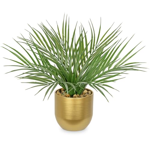 Hollyone Large Artificial Potted Plants Fake Palm Plants 13" Faux Tropical Palm Plant Tree in Gold Metal Pots for Home Room Office House Indoor Decoration - color: 13" Palm Potted-gold Pot