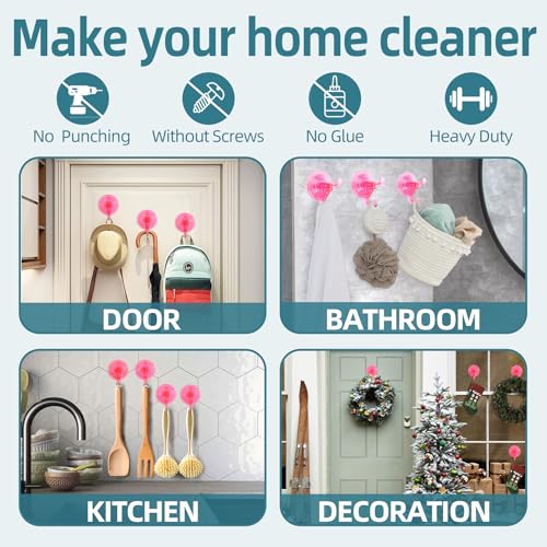 Antimbee 3 Pack Suction Cup Hooks, Clear Suction Cup Hanger, Removable Small Suction Cups for Shower, Bathroom, Glass, Door, Windows, Kitchen-Up to 11 lbs on Smooth Surface (Transparent Pink) - color: Transparent Berry Pink