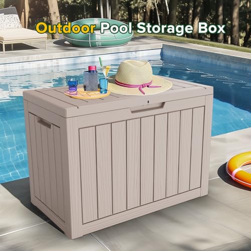 PatioZen 45 Gallon Resin Deck Box, Lockable Patio Outdoor Storage Box for Furniture, Garden Tools and Tools Storage, Waterproof Outside Storage Boxes - Grey - color: Grey, size: 45 Gallon