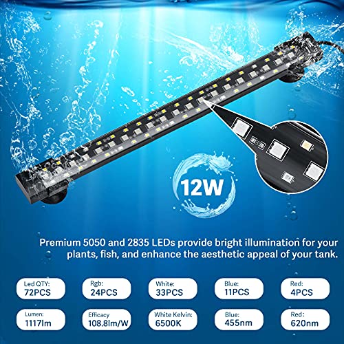 hygger 24/7 Mode Submersible Aquarium LED Light, Full Spectrum Hidden Fish Tank Light with 3 Rows Beads 7 Colors Auto On Off Sunrise-Daylight-Moonlight, Adjustable Timer Brightness - size: 19.9in 12W