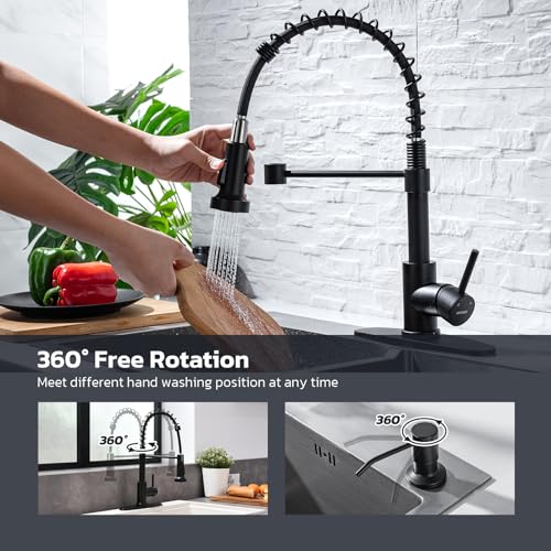 WEWE Black Kitchen Faucet with Soap Dispenser, Kitchen Sink Faucet with Pull Down Sprayer Stainless Steel Single Handle High Arc Pull Out Matte Black Faucet for Bar Laundry RV Utility - color: Matte Black, style: Vintage
