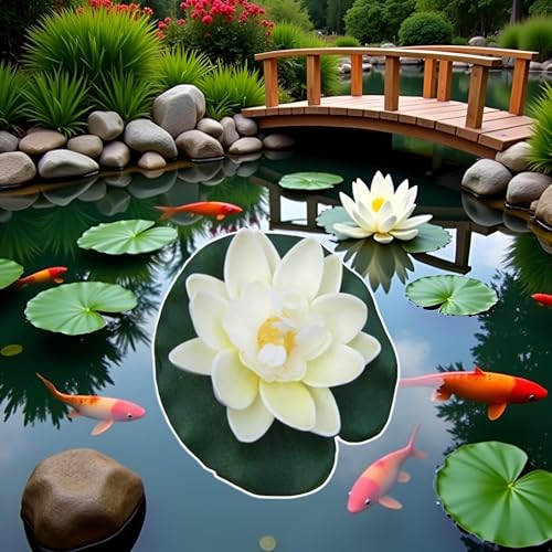 2Pcs Artificial Floating Foam Lotus Flowers White with Water Lily Pad Ornaments,for Patio Koi Pond Pool Aquarium Home Garden Wedding Party Holiday Decoration Water Gardens and Ponds